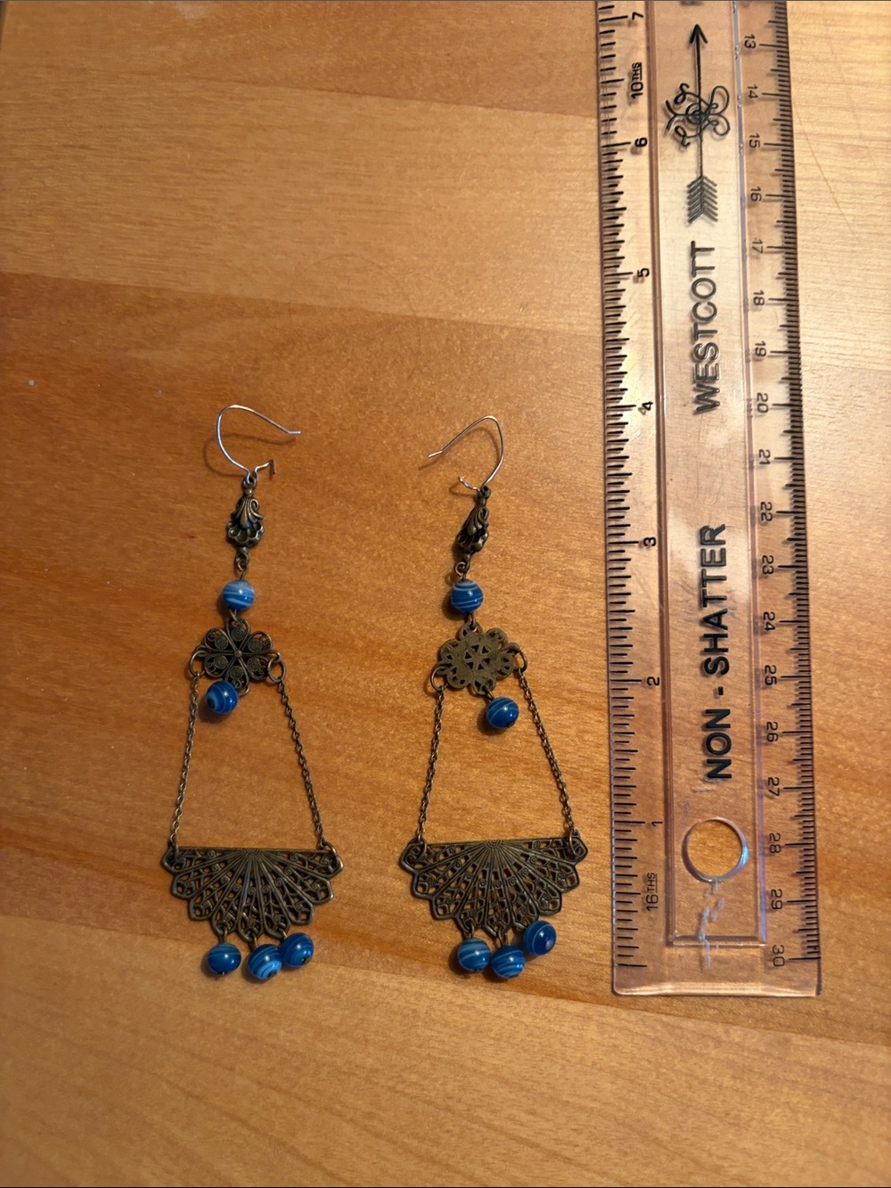 Bohemian Filigree Drop Earrings with Blue Beads - Picture 2 of 2